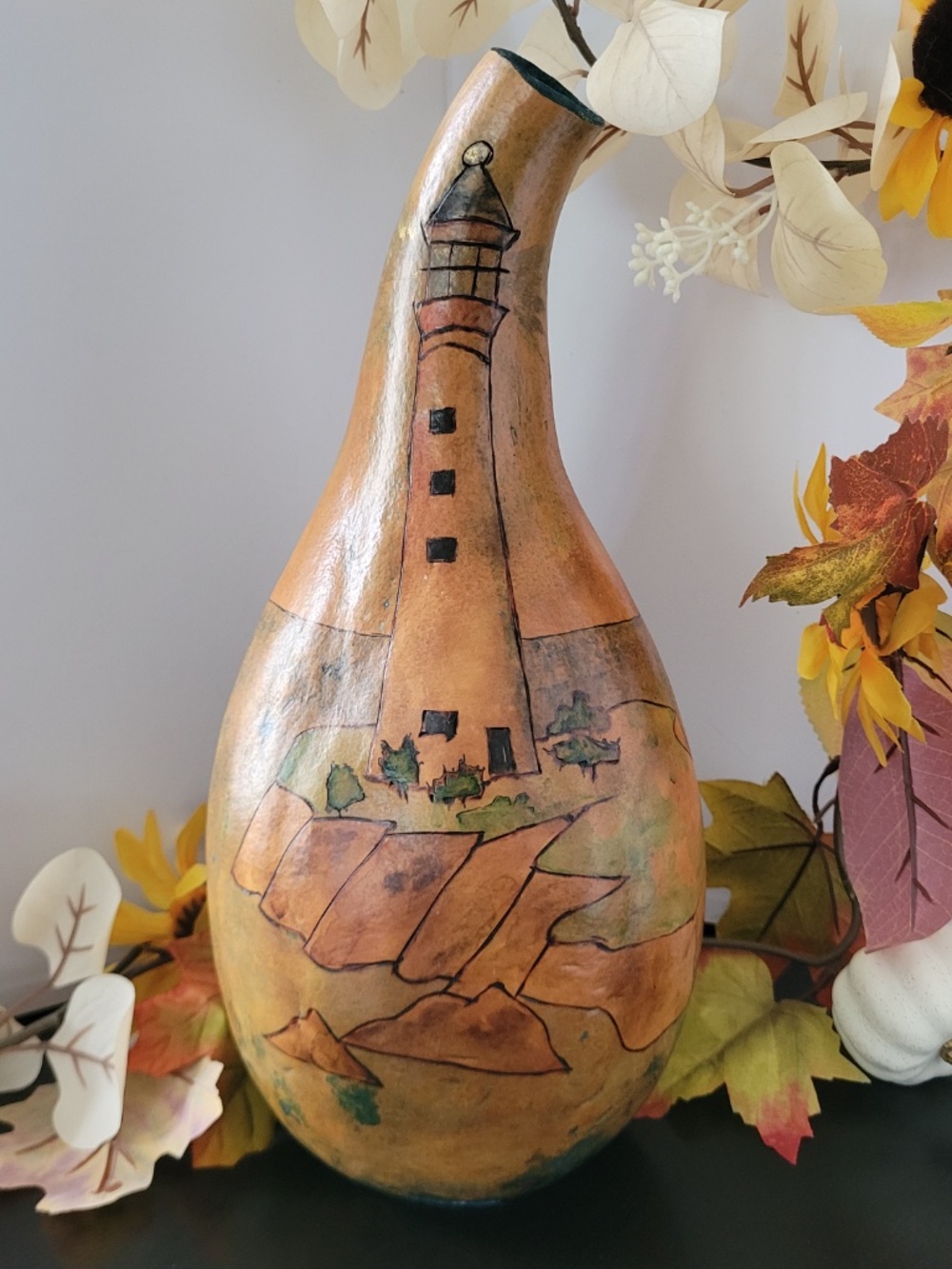 Hand Painted Gourd Folk Art Decor Nautical Lighthouse Scene Signed M. Mahor